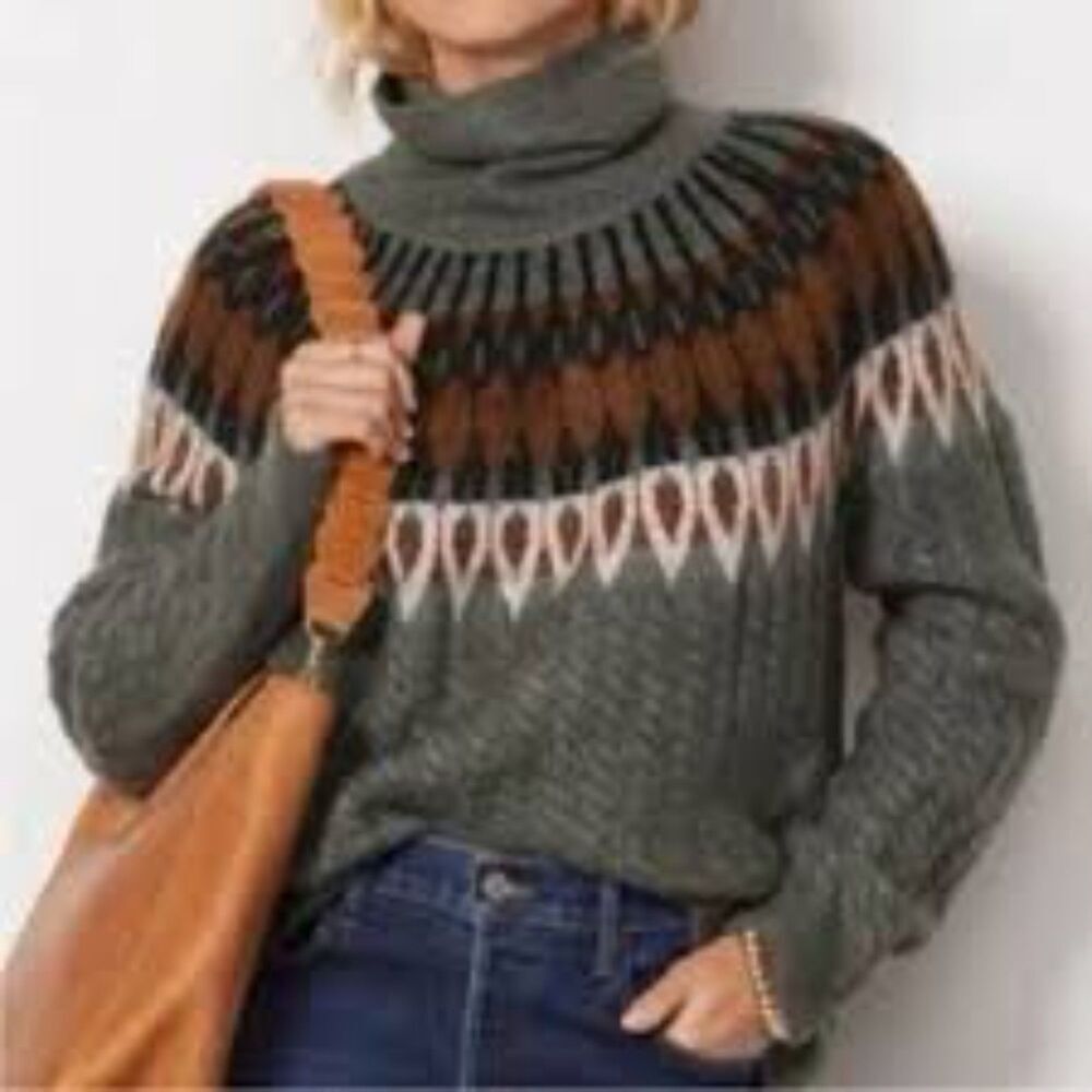 Evereve Fair Isle Turtleneck Cable Knit Sweater